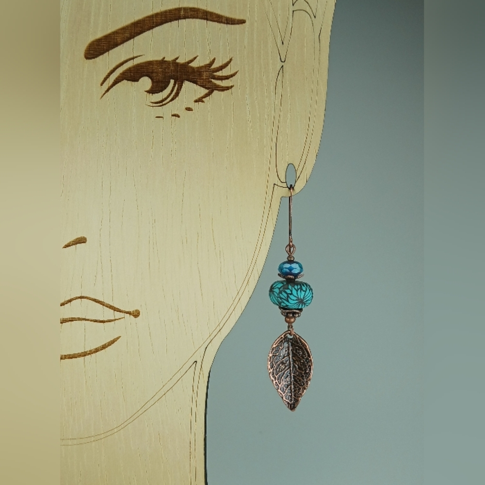 Copper Leaf Earrings Turquoise Czech Glass Botanical Jewelry Hand Crafted - Picture 4 of 5